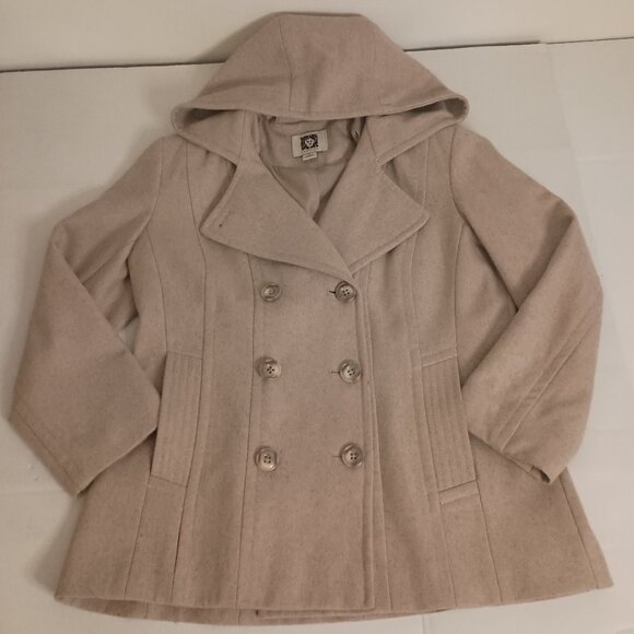 Anne Klein Classic Tan Wool Blend Double Breasted Hooded Coat Women’s L Large - Picture 4 of 16